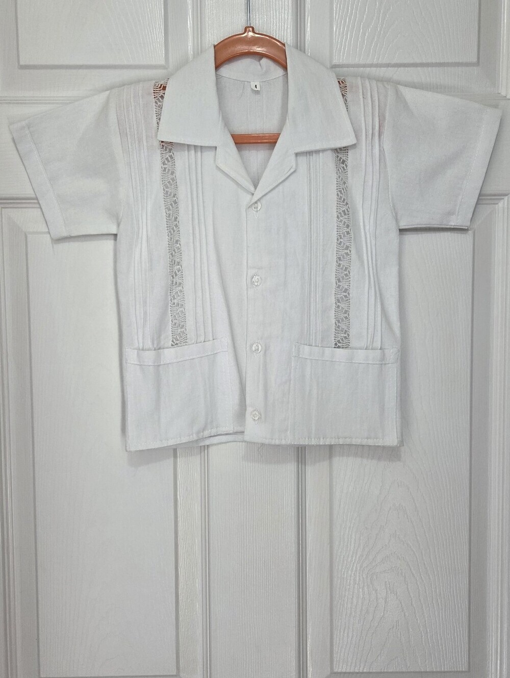 Handmade Boys White Guayabera Shirt Short Sleeve Pleated Embroidered Size 4